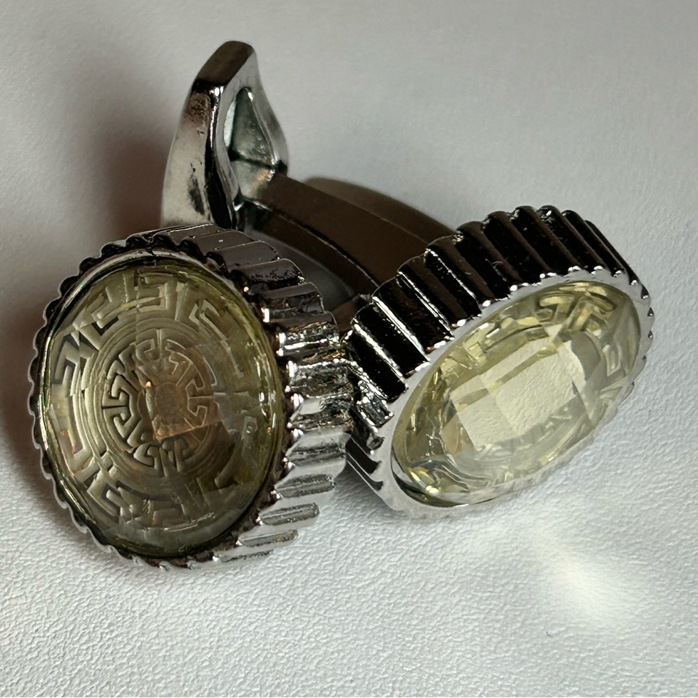 Elegant Vintage faceted glass cufflinks geometric Greek key design Silver tone - Picture 3 of 5